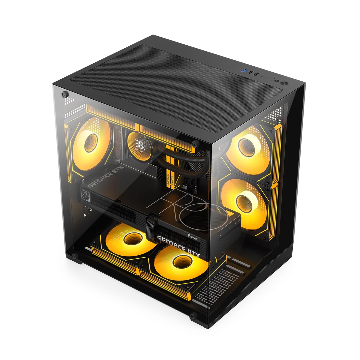 Defender Mini T in black, empty chassis showing motherboard tray and PSU shroud