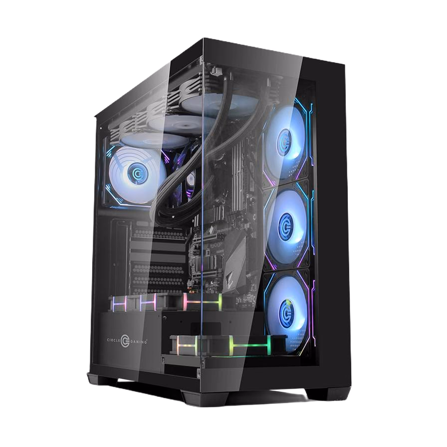 Defender Z with a large graphics card and side ARGB fans behind panoramic glass