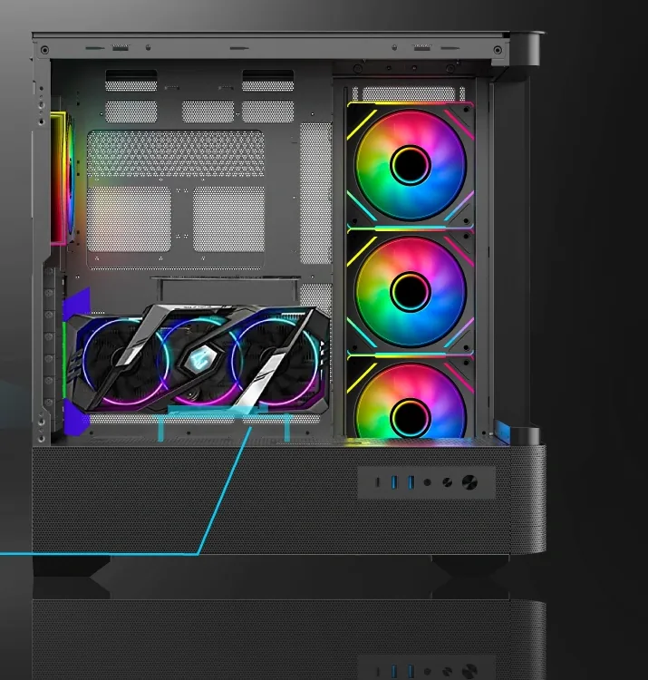 Graphics card mounted vertically inside the black FX 830 with a riser cable