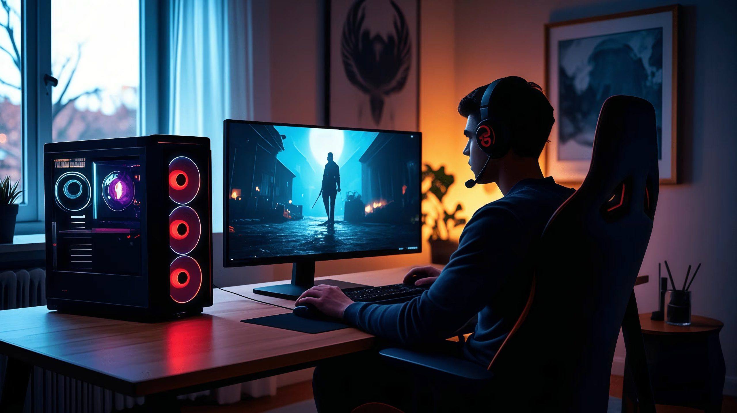 SNY gaming PC hardware on a desk — cases, monitors and peripherals