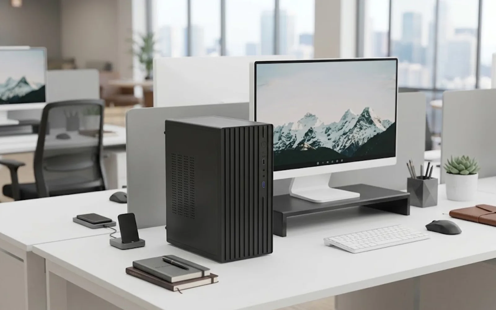 Entic E1 plain black mini tower on an office desk