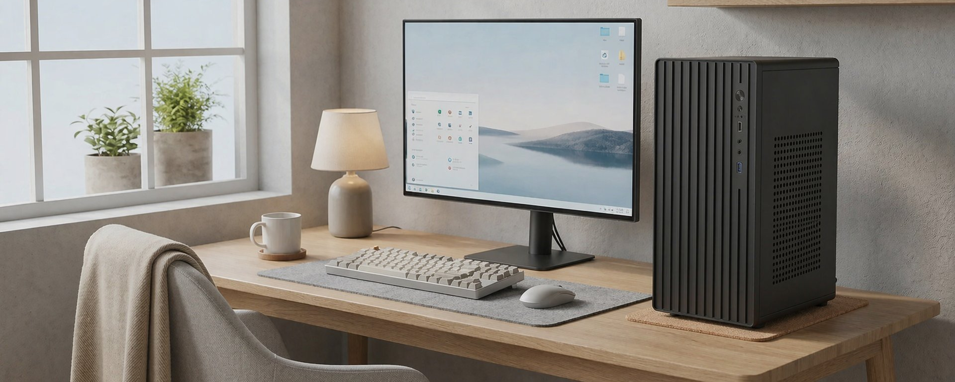 Entic E1 compact mini tower in a bright home office desk scene with monitor, keyboard and mouse