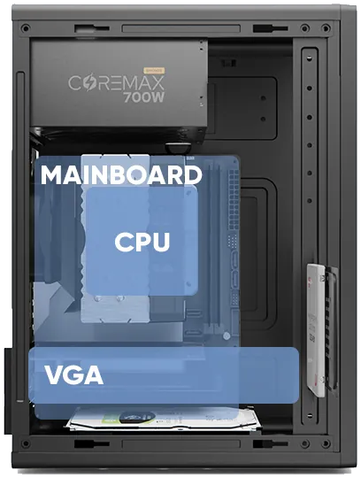 Entic E1 interior: motherboard, CPU cooler and VGA mounting area