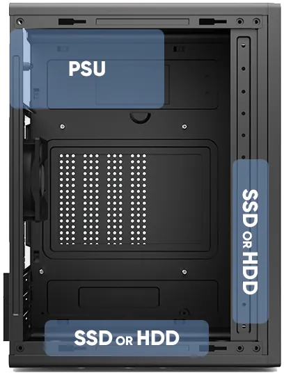 Entic E1 interior: SSD/HDD bays and top-mounted power supply area