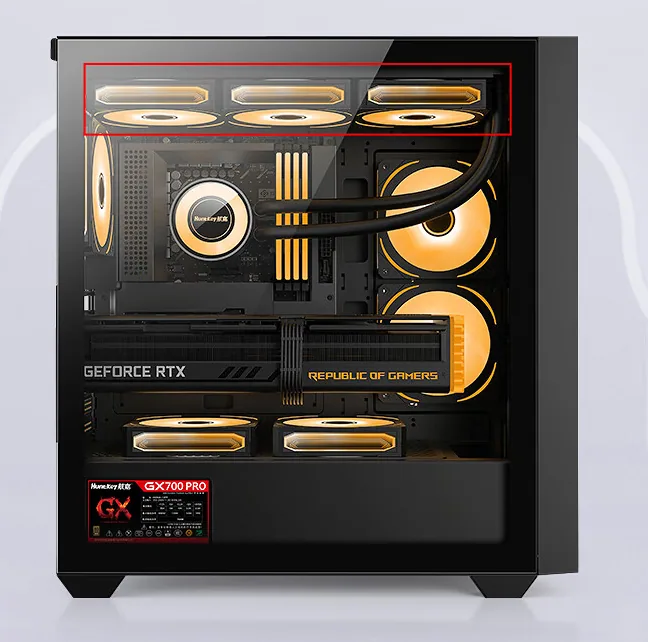 GX750C interior with a 360 mm radiator on the top deck and a graphics card fitted
