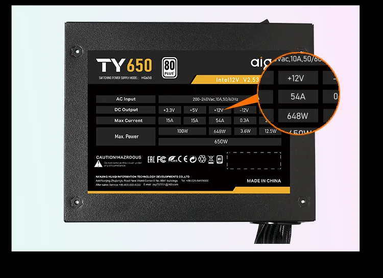 Rating label of the TY650 showing the single +12 V rail at 54 A