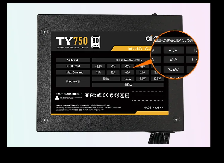 Rating label of the TY750 showing the single +12 V rail at 62 A