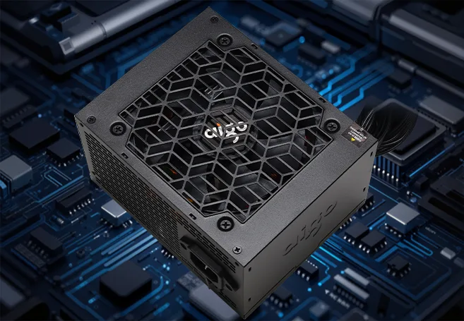 aigo TY750 750 W power supply shown against a circuit-board background